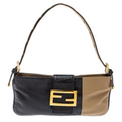 Fendi Black/Beige Leather FF Flap Baguette Bag