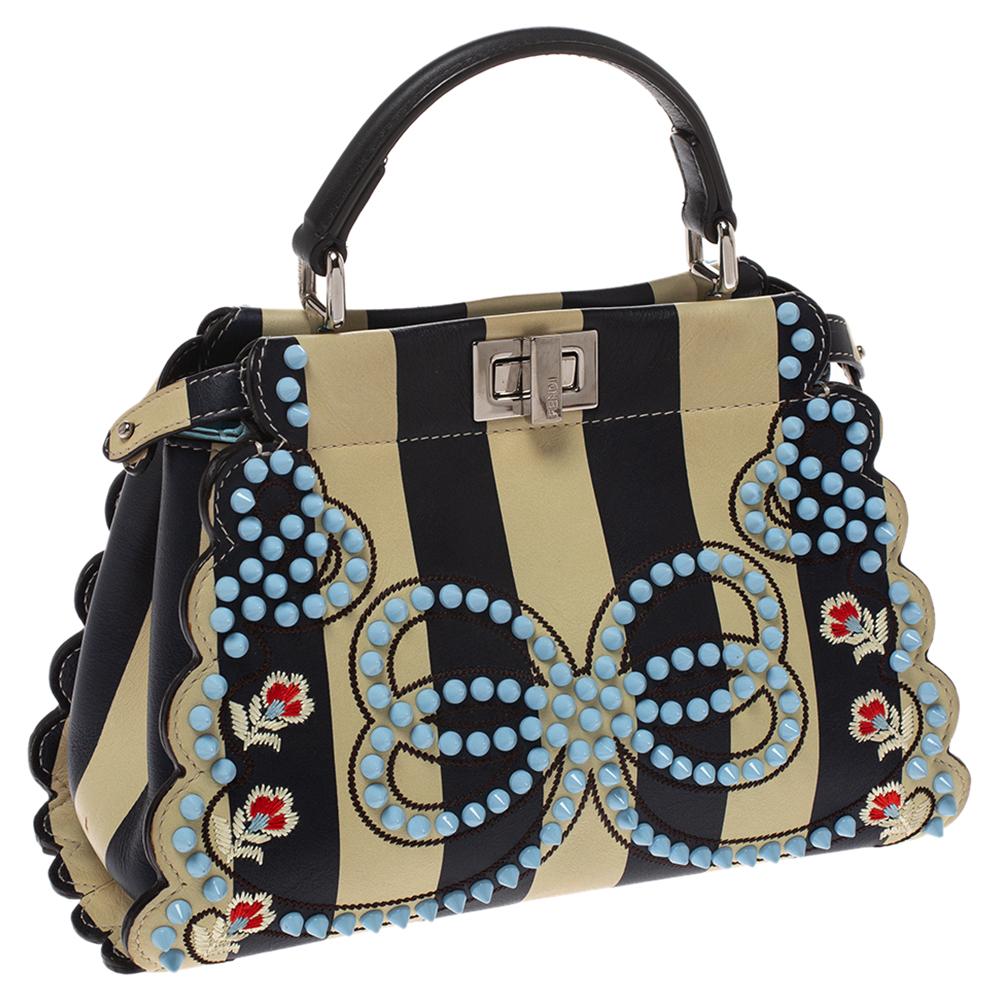 Fendi Black/Beige Leather Studded Ribbons Peekaboo Top Handle Bag In Good Condition In Dubai, Al Qouz 2