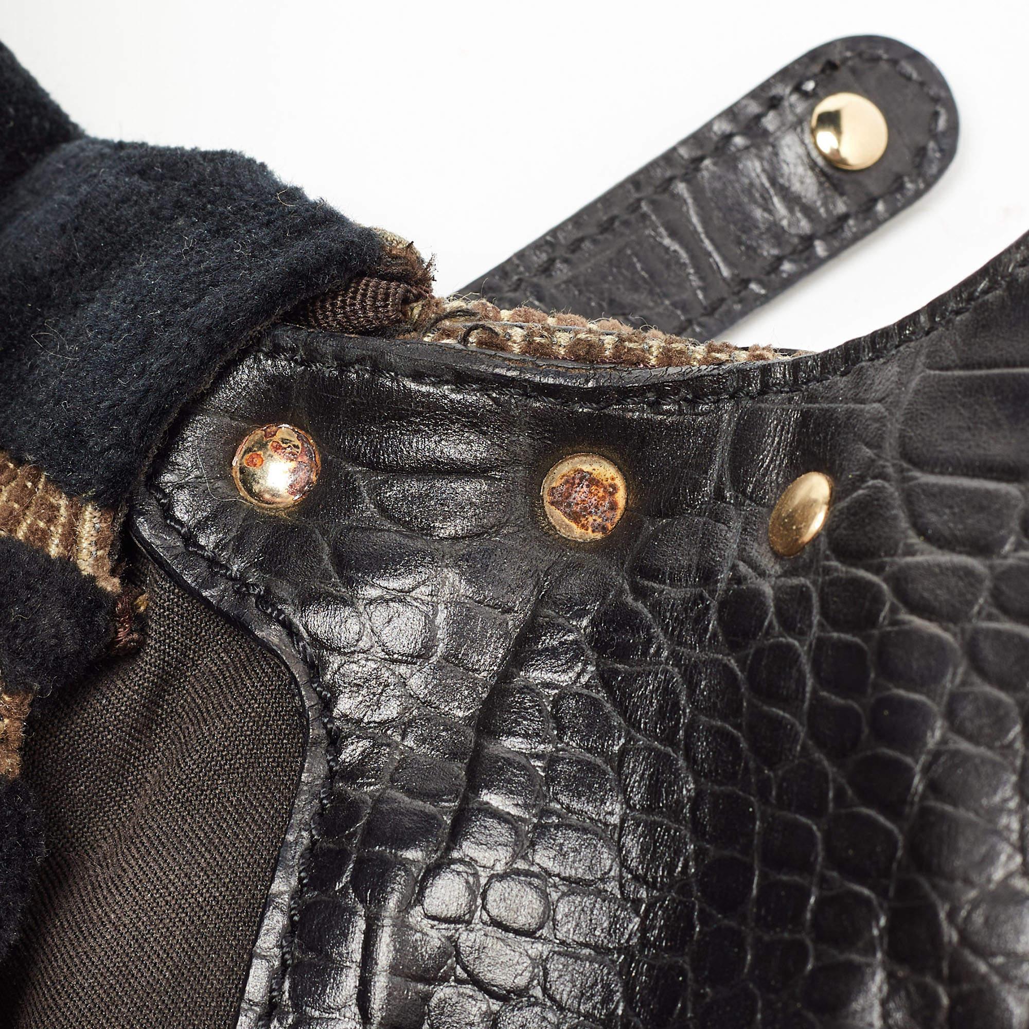 Fendi Black/Beige Pequin Striped Velvet and Croc Embossed Leather Magic Top Hand For Sale 6