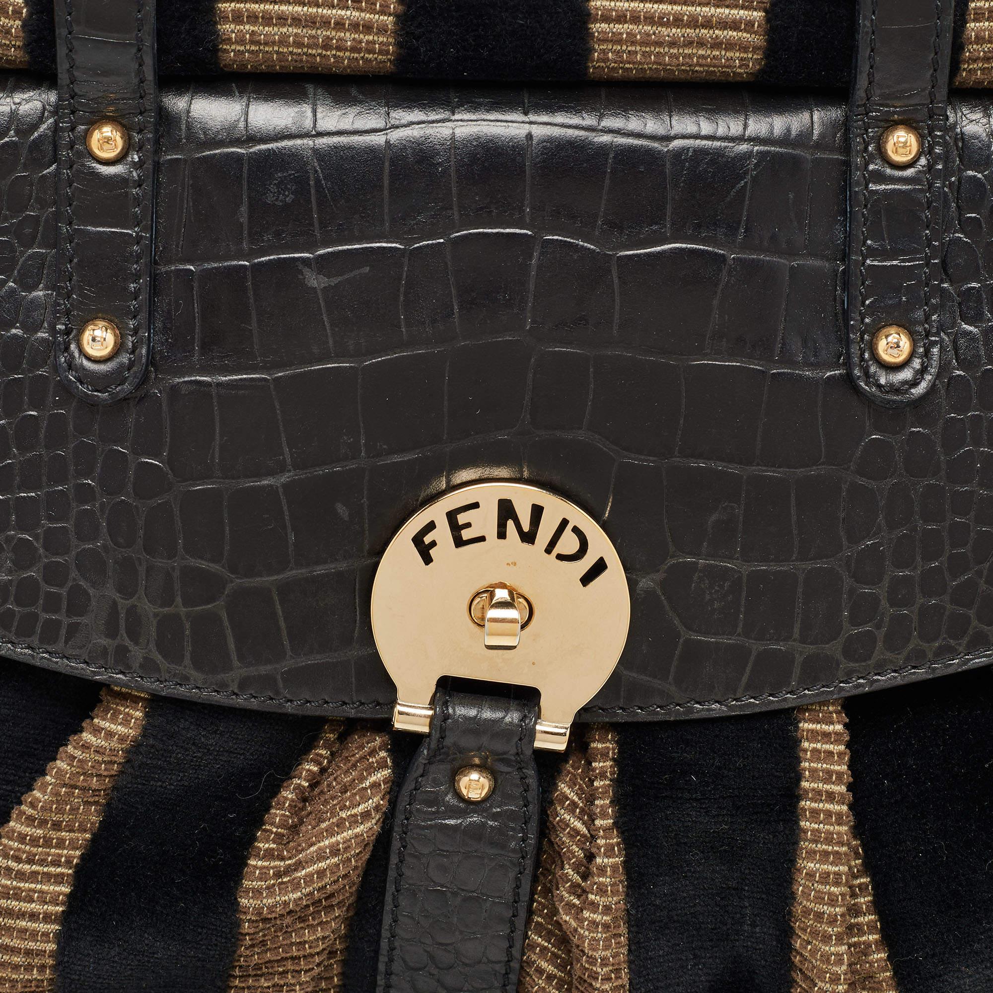 Fendi Black/Beige Pequin Striped Velvet and Croc Embossed Leather Magic Top Hand en vente 7