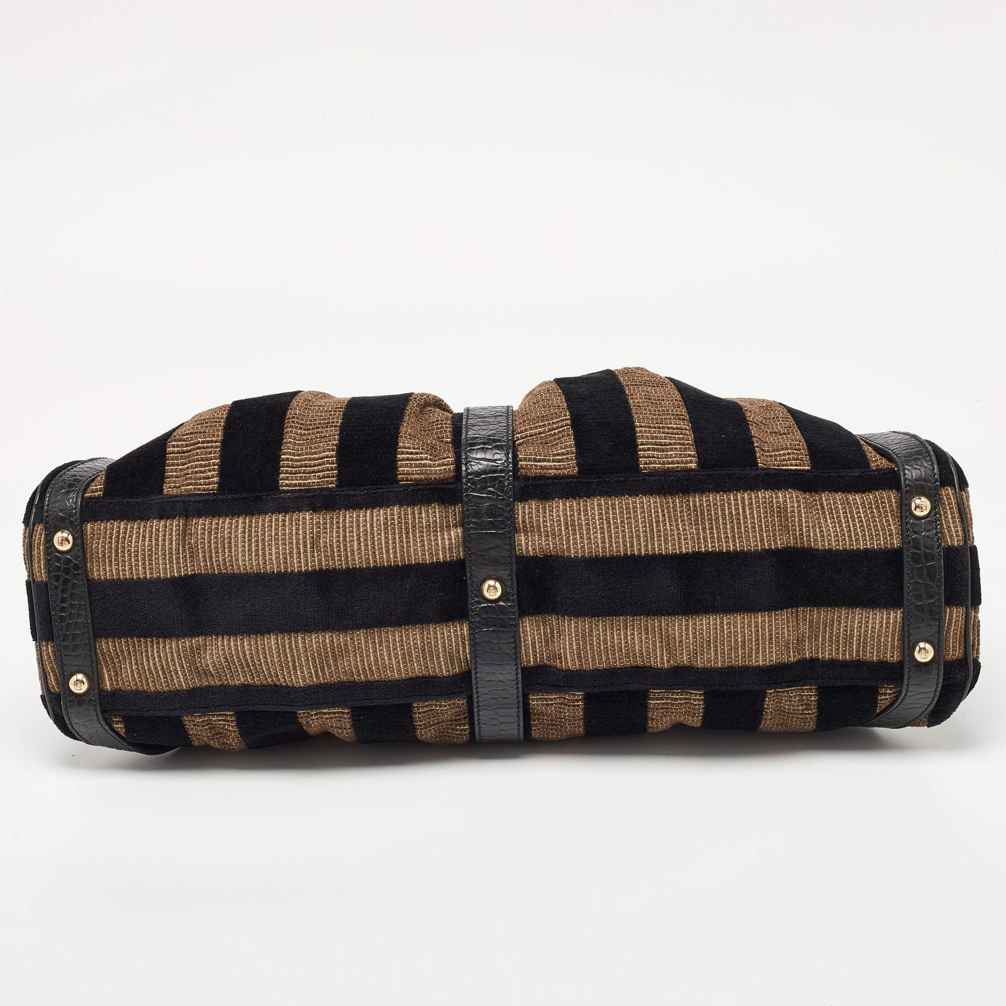 Fendi Black/Beige Pequin Striped Velvet and Croc Embossed Leather Magic Top Hand For Sale 8