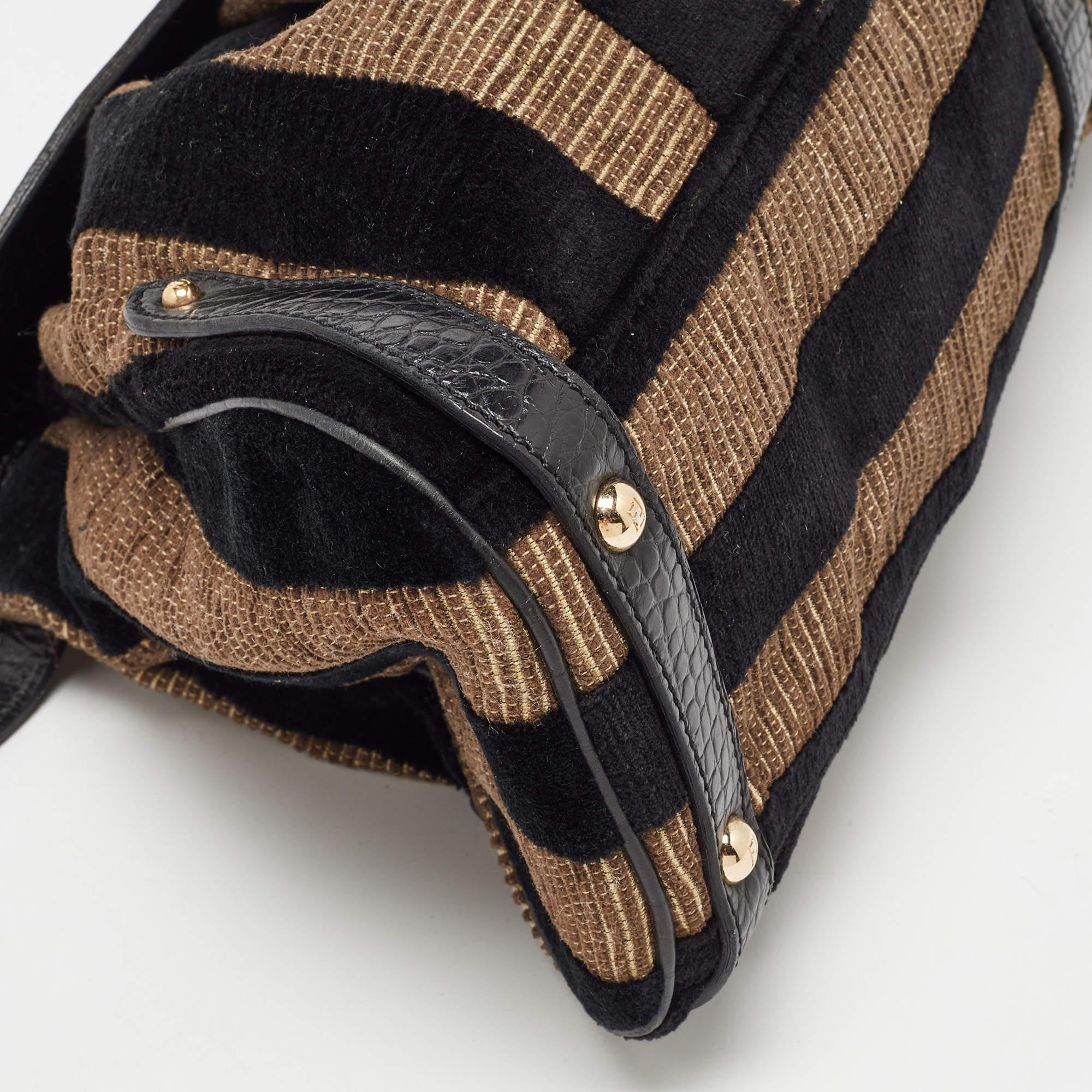 Fendi Black/Beige Pequin Striped Velvet and Croc Embossed Leather Magic Top Hand For Sale 9