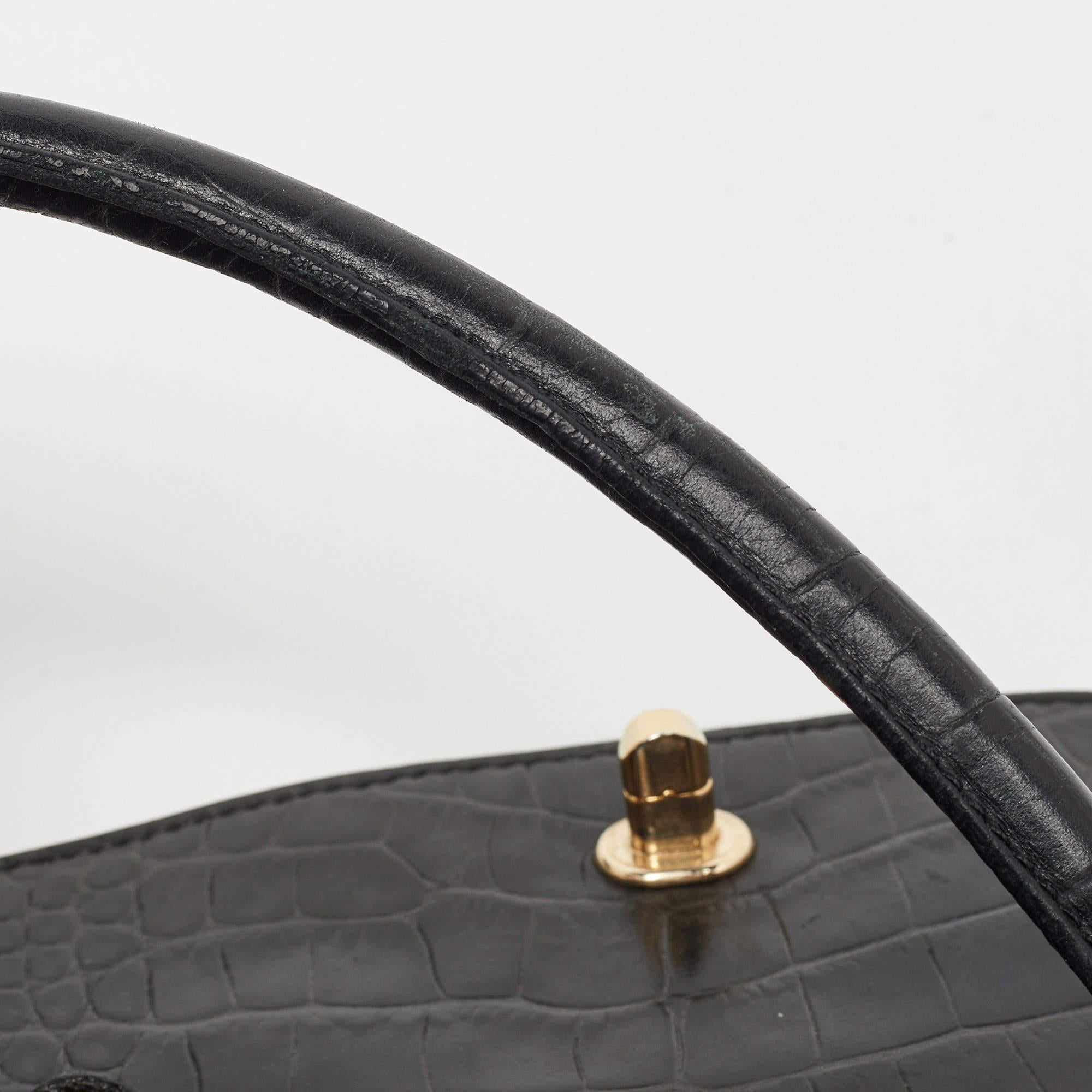 Fendi Black/Beige Pequin Striped Velvet and Croc Embossed Leather Magic Top Hand For Sale 11