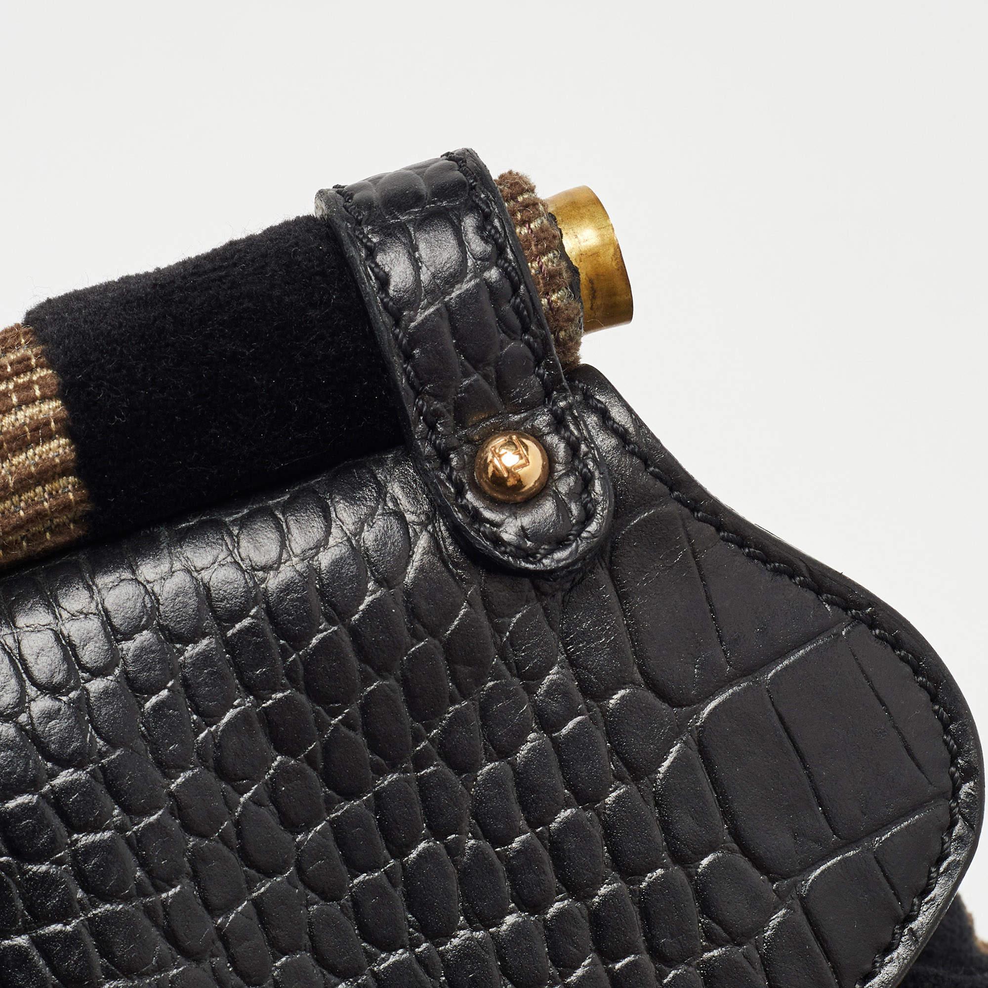 Fendi Black/Beige Pequin Striped Velvet and Croc Embossed Leather Magic Top Hand en vente 12