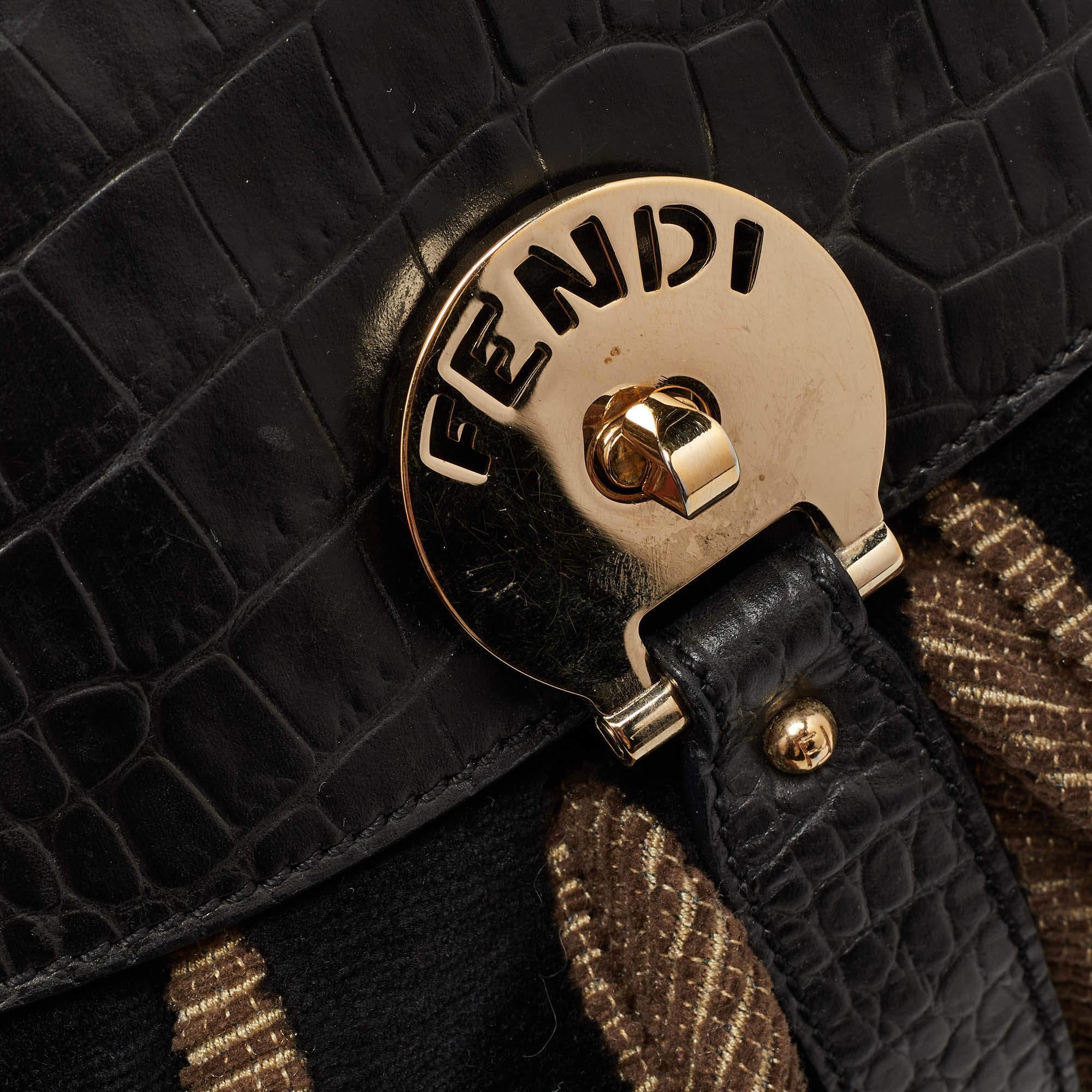 Fendi Black/Beige Pequin Striped Velvet and Croc Embossed Leather Magic Top Hand en vente 13