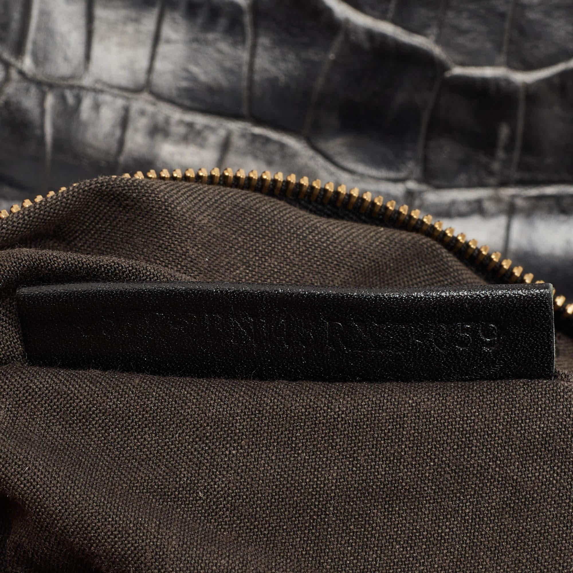 Fendi Black/Beige Pequin Striped Velvet and Croc Embossed Leather Magic Top Hand For Sale 3