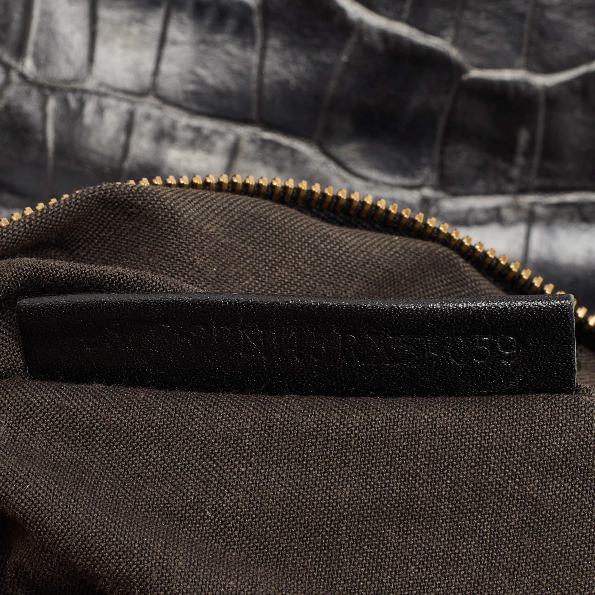 Fendi Black/Beige Pequin Striped Velvet and Croc Embossed Leather Magic Top Hand 3