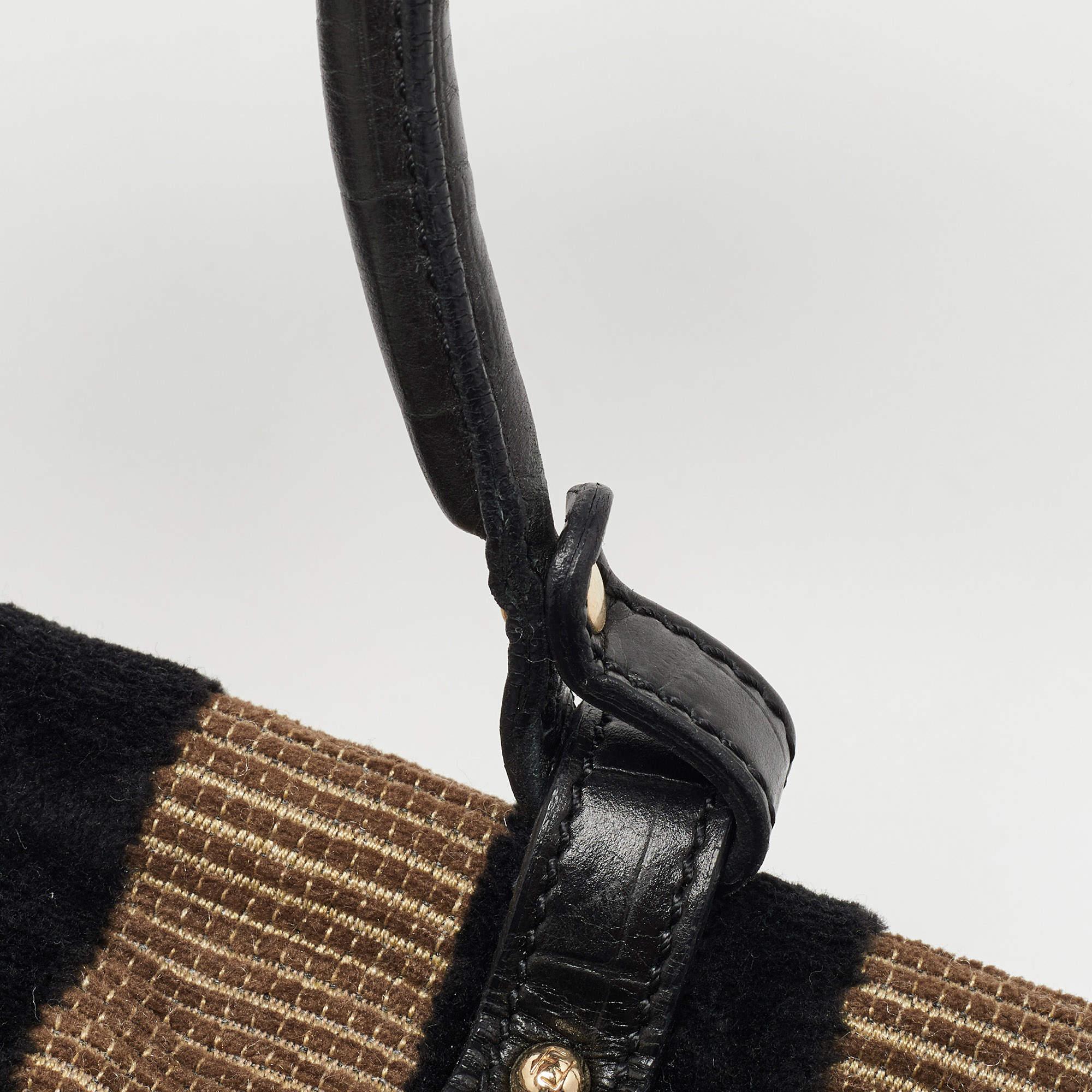 Fendi Black/Beige Pequin Striped Velvet and Croc Embossed Leather Magic Top Hand For Sale 4