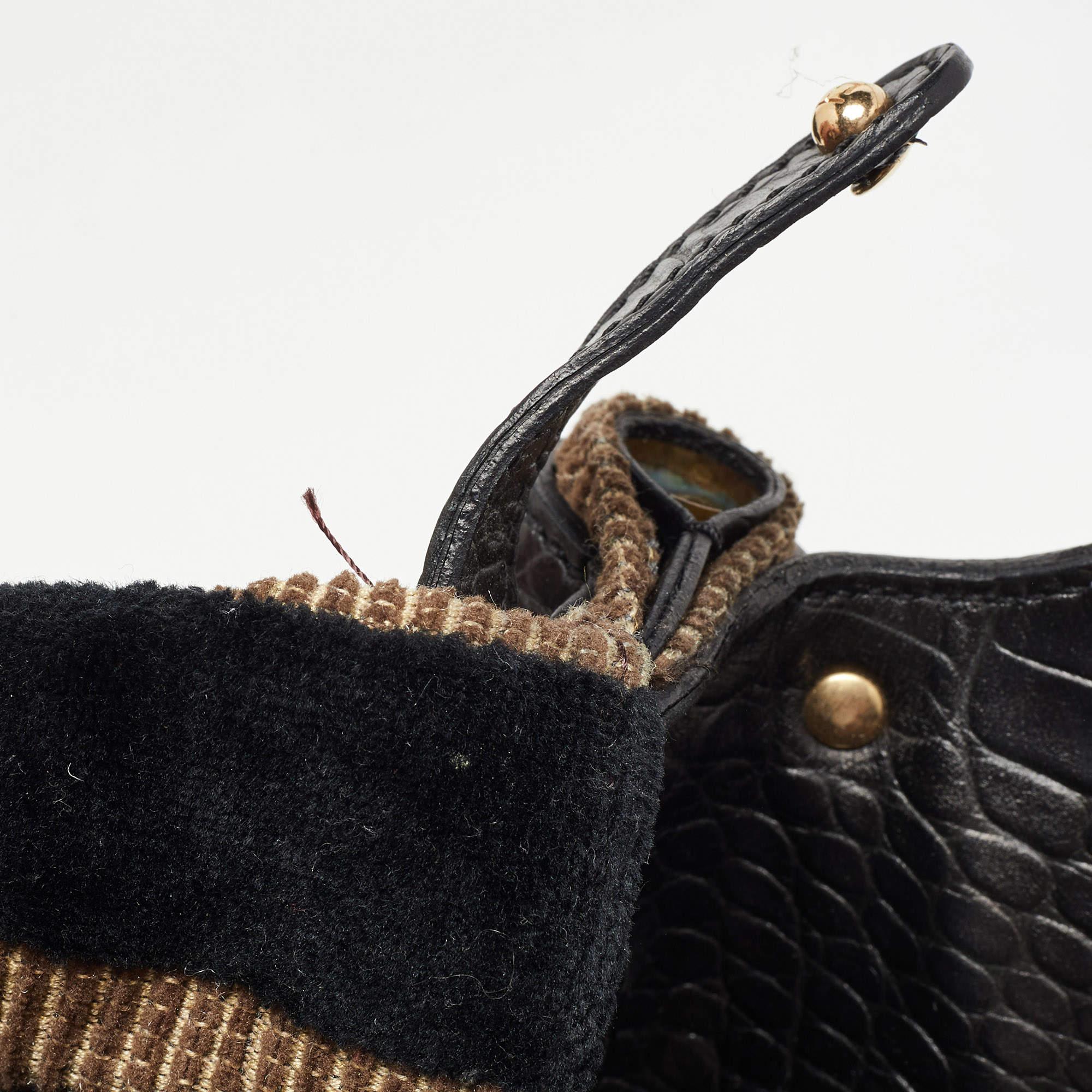 Fendi Black/Beige Pequin Striped Velvet and Croc Embossed Leather Magic Top Hand For Sale 5