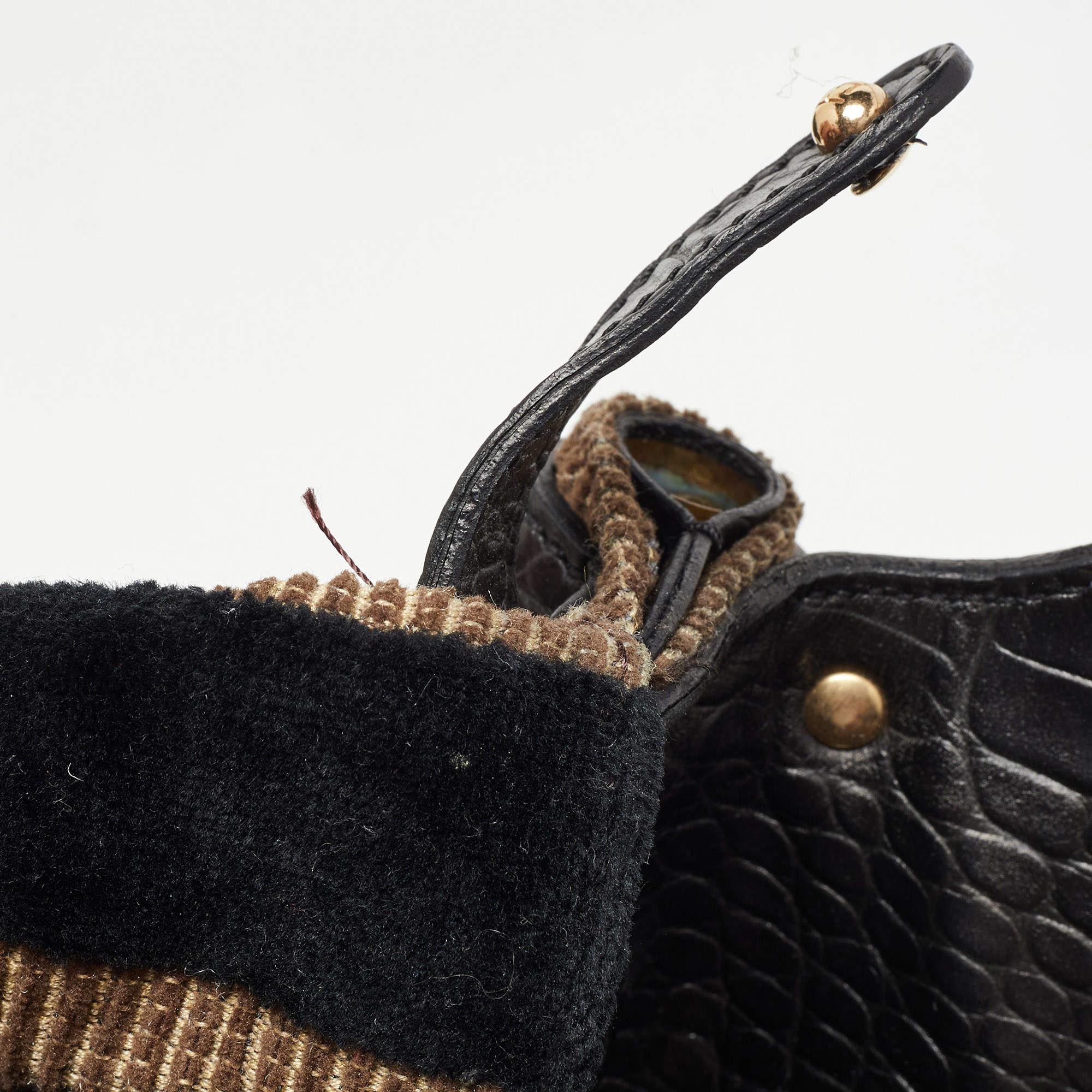 Fendi Black/Beige Pequin Striped Velvet and Croc Embossed Leather Magic Top Hand 5