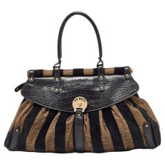 Fendi Black/Beige Pequin Striped Velvet and Croc Embossed Leather Magic Top Hand