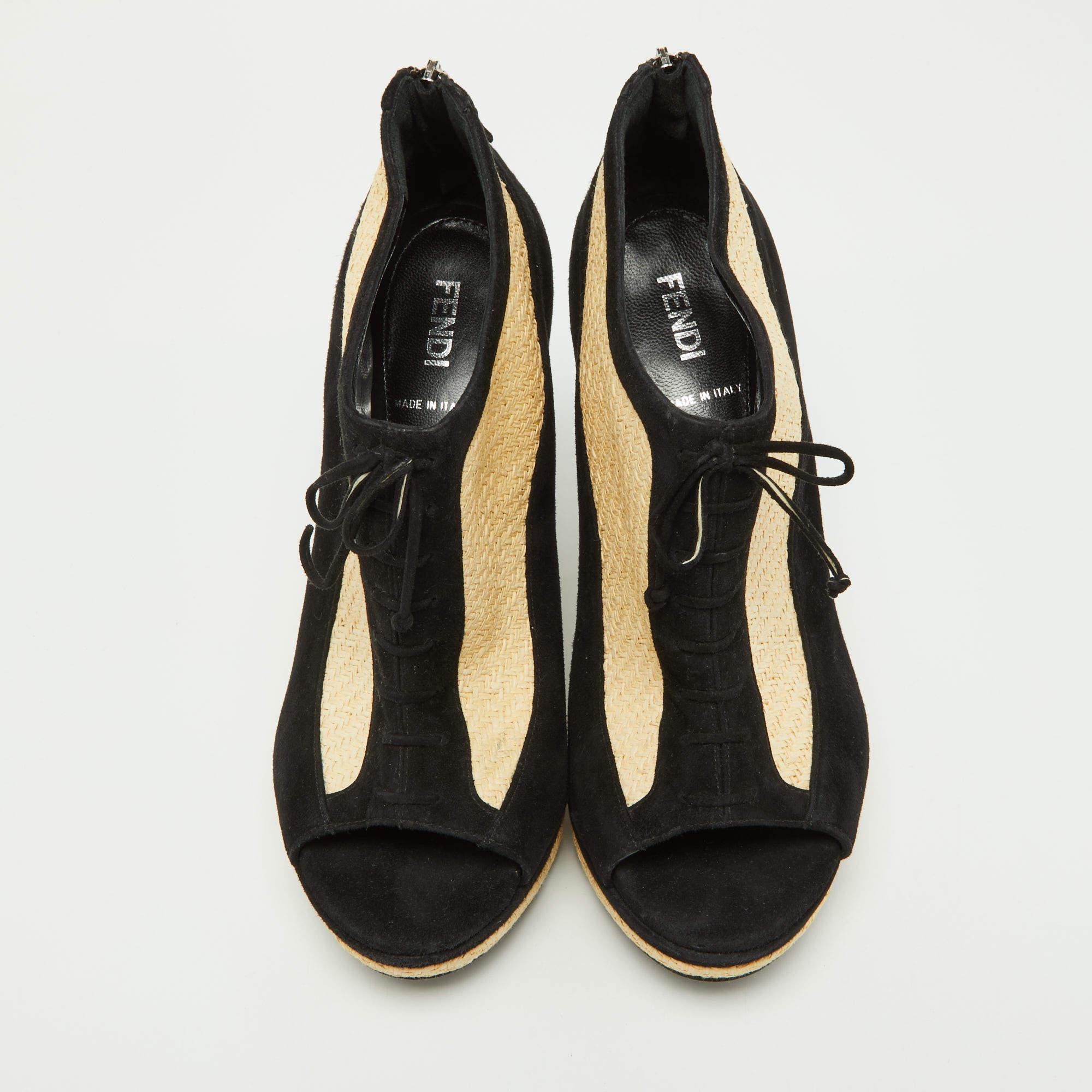 Fendi Black/Beige Suede and Raffia Wedge Peep Toe Booties Size 37 For Sale 1