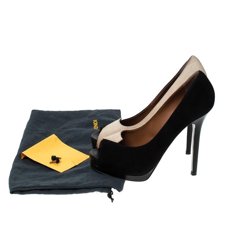 Fendi Black/Beige Suede Peep Toe Pumps Size 39 6