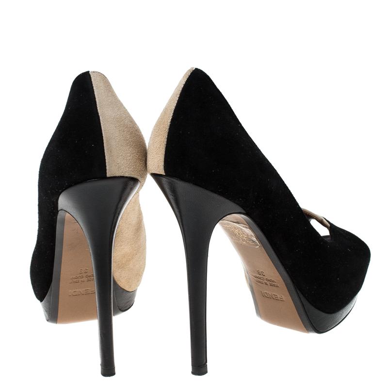 Fendi Black/Beige Suede Peep Toe Pumps Size 39 2