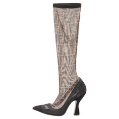 Fendi Black/Beige Zucca Mesh And Fabric Colibri Knee Length Boots Size 38