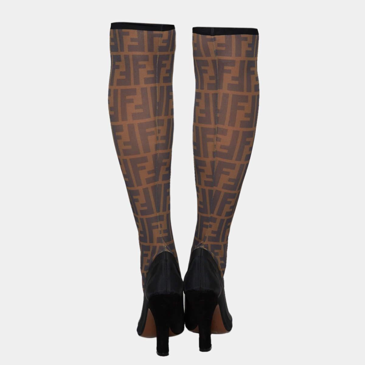 Fendi Black/Beige Zucca Mesh And Fabric Colibri Knee Length Boots Size 39 In Good Condition In Dubai, Al Qouz 2