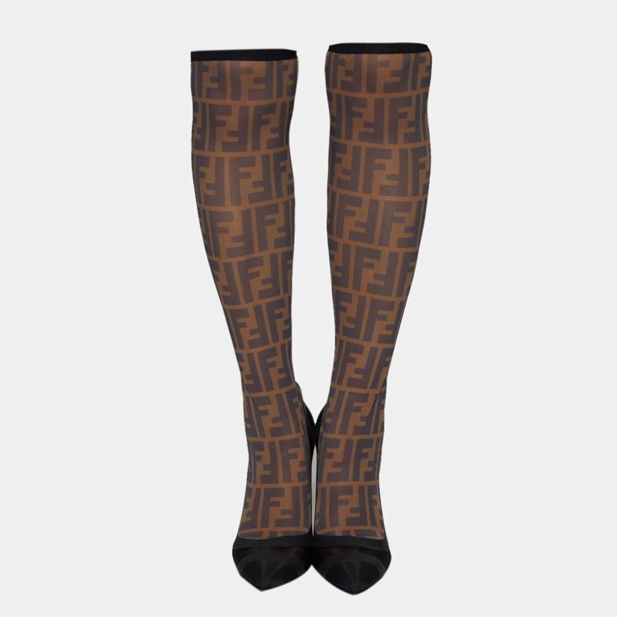 Women's Fendi Black/Beige Zucca Mesh And Fabric Colibri Knee Length Boots Size 39