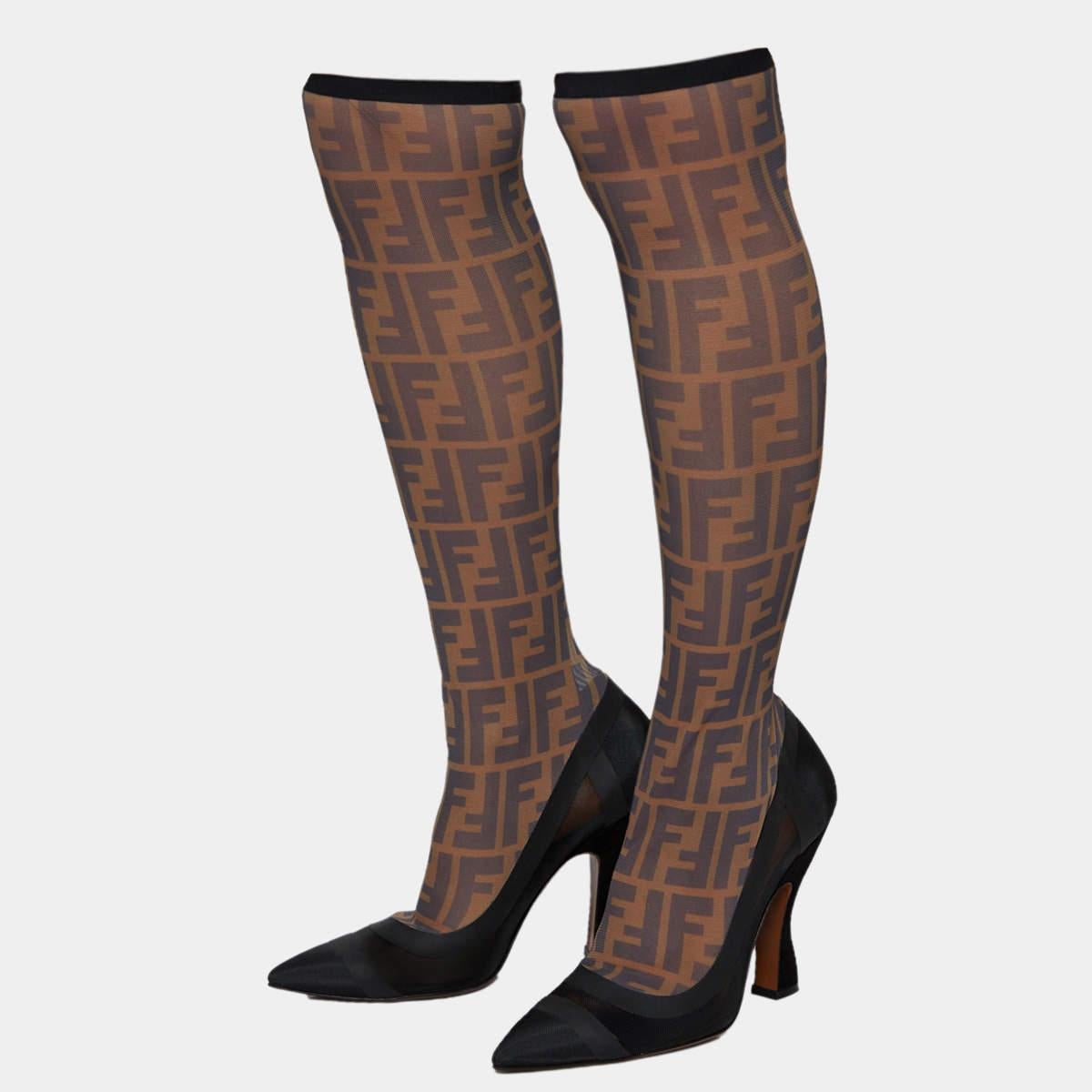 Fendi Black/Beige Zucca Mesh And Fabric Colibri Knee Length Boots Size 39 1