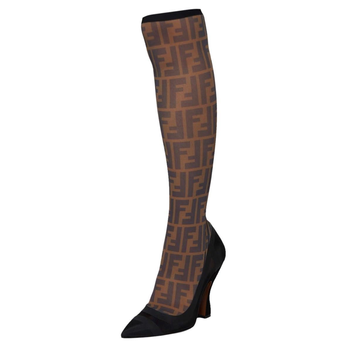Fendi Black/Beige Zucca Mesh And Fabric Colibri Knee Length Boots Size 39