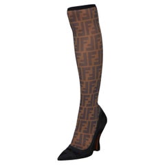 Fendi Black/Beige Zucca Mesh And Fabric Colibri Knee Length Boots Size 39