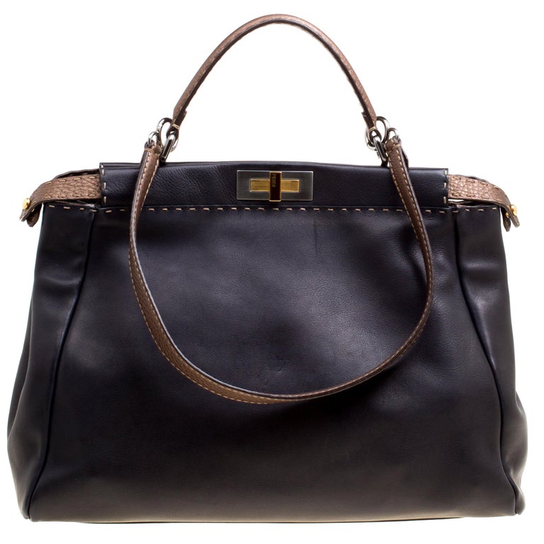 Fendi Black/Bronze Seleria Leather Large Peekaboo Top Handle Bag For ...