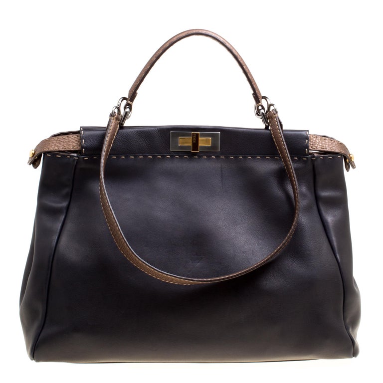 Fendi Black/Bronze Seleria Leather Large Peekaboo Top Handle Bag For ...