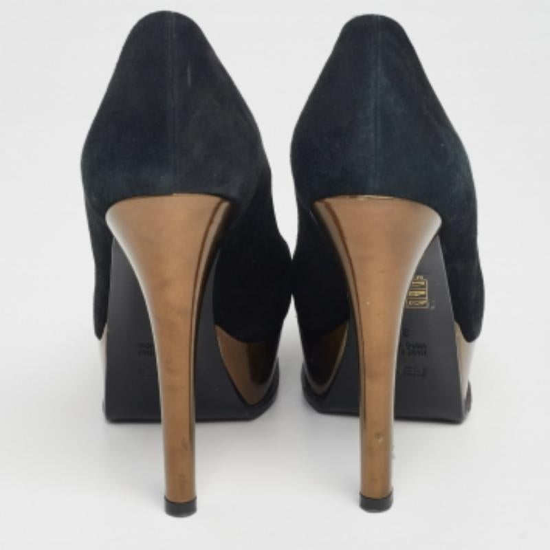 Fendi - Escarpins à plateforme Fendista en daim et cuir noir/bronze - Taille 37 en vente 5