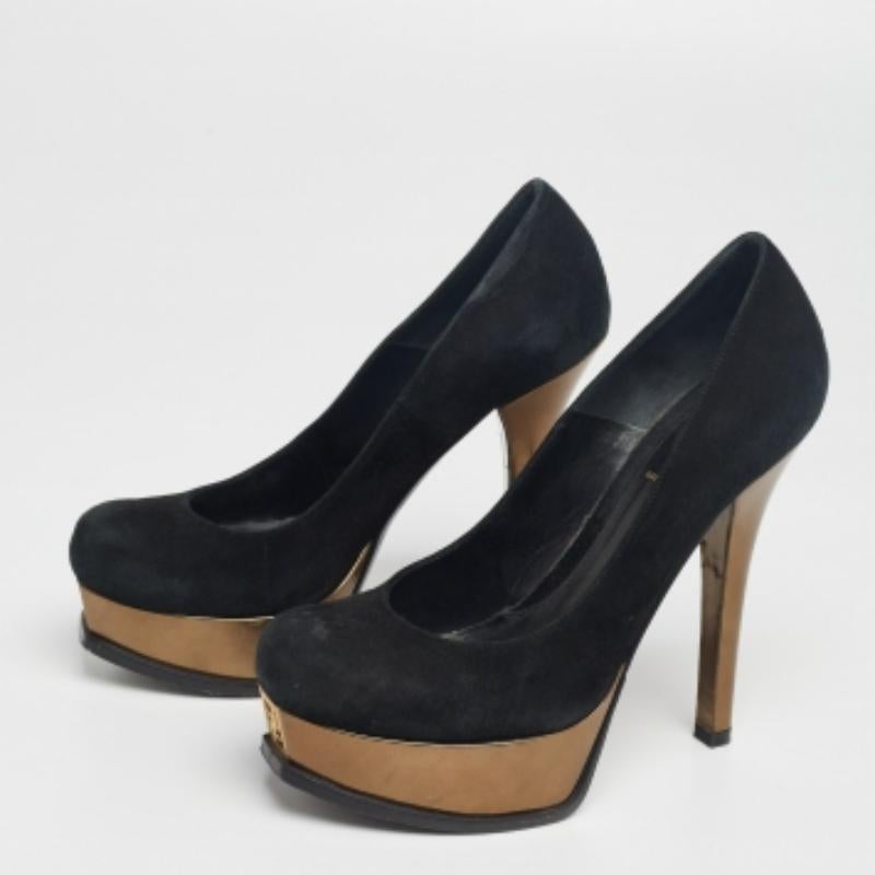 Noir Fendi - Escarpins à plateforme Fendista en daim et cuir noir/bronze - Taille 37 en vente