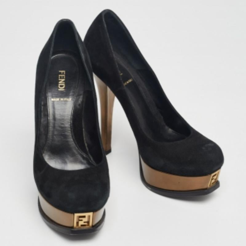 Fendi - Escarpins à plateforme Fendista en daim et cuir noir/bronze - Taille 37 Pour femmes en vente