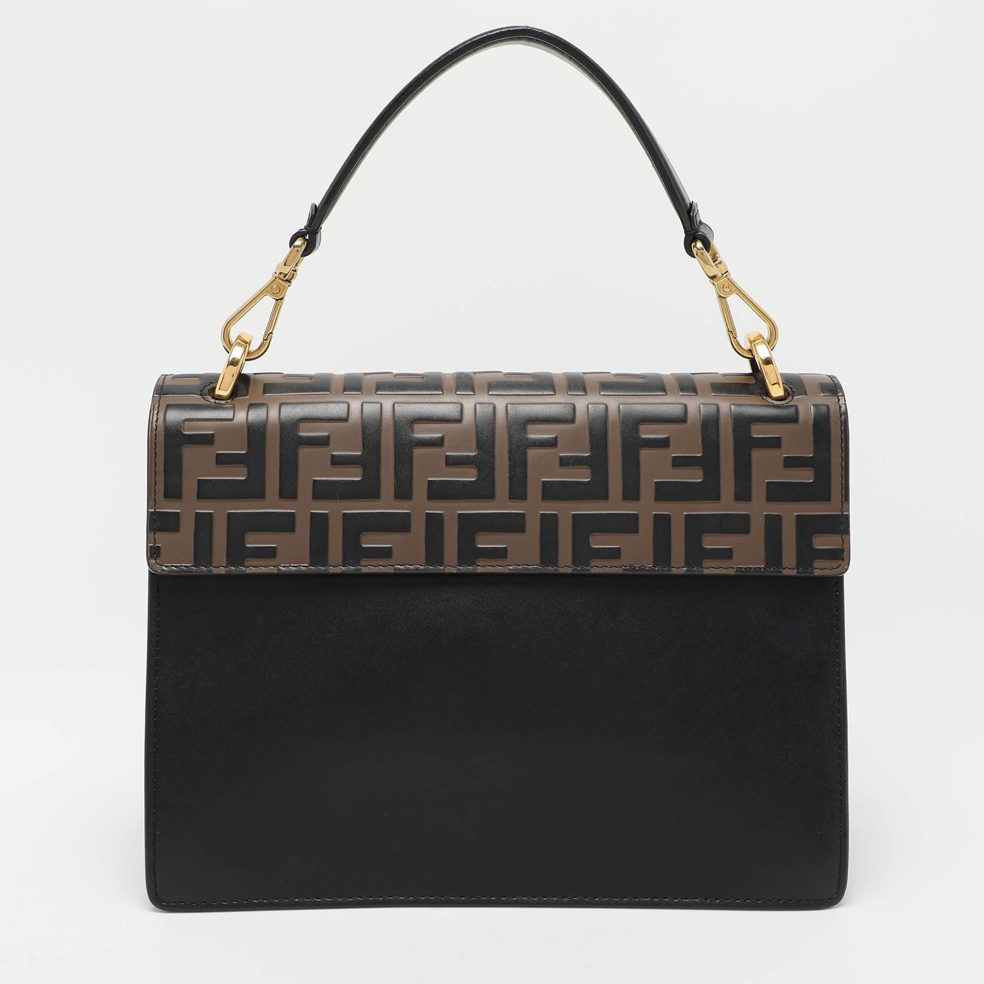 Women's Fendi Black/Brown FF Embossed Leather Kan U Top Handle Bag