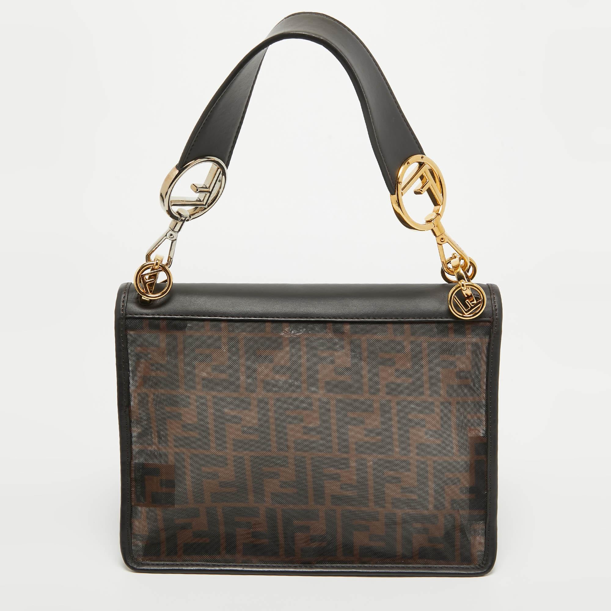 Women's Fendi Black/Brown FF Mesh and Leather Kan I Shoulder Bag For Sale