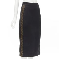FENDI black brown FF Zucca monogram trim knee length skirt IT42 M
