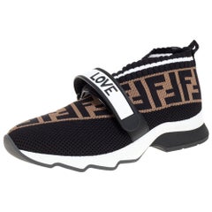 Fendi Black/Brown Knit Fabric Rockoko FF Motif Inlay Sneakers Size 36