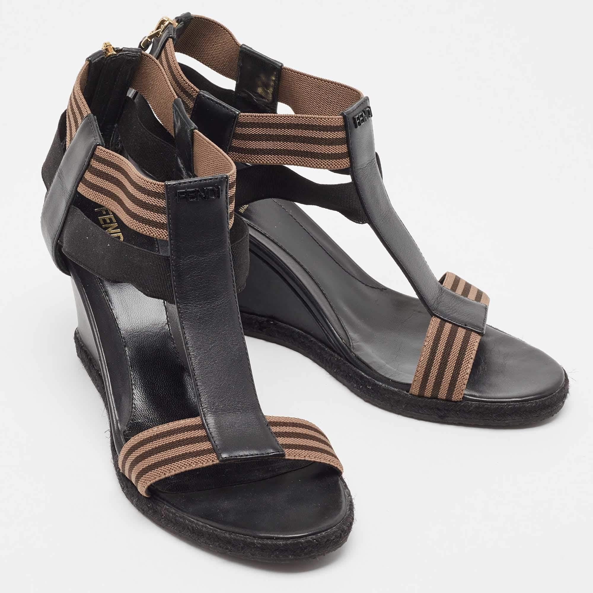 Fendi Black/Brown Leather and Elastic Fabric T-Strap Espadrille Wedge Sandals Si In Good Condition In Dubai, Al Qouz 2