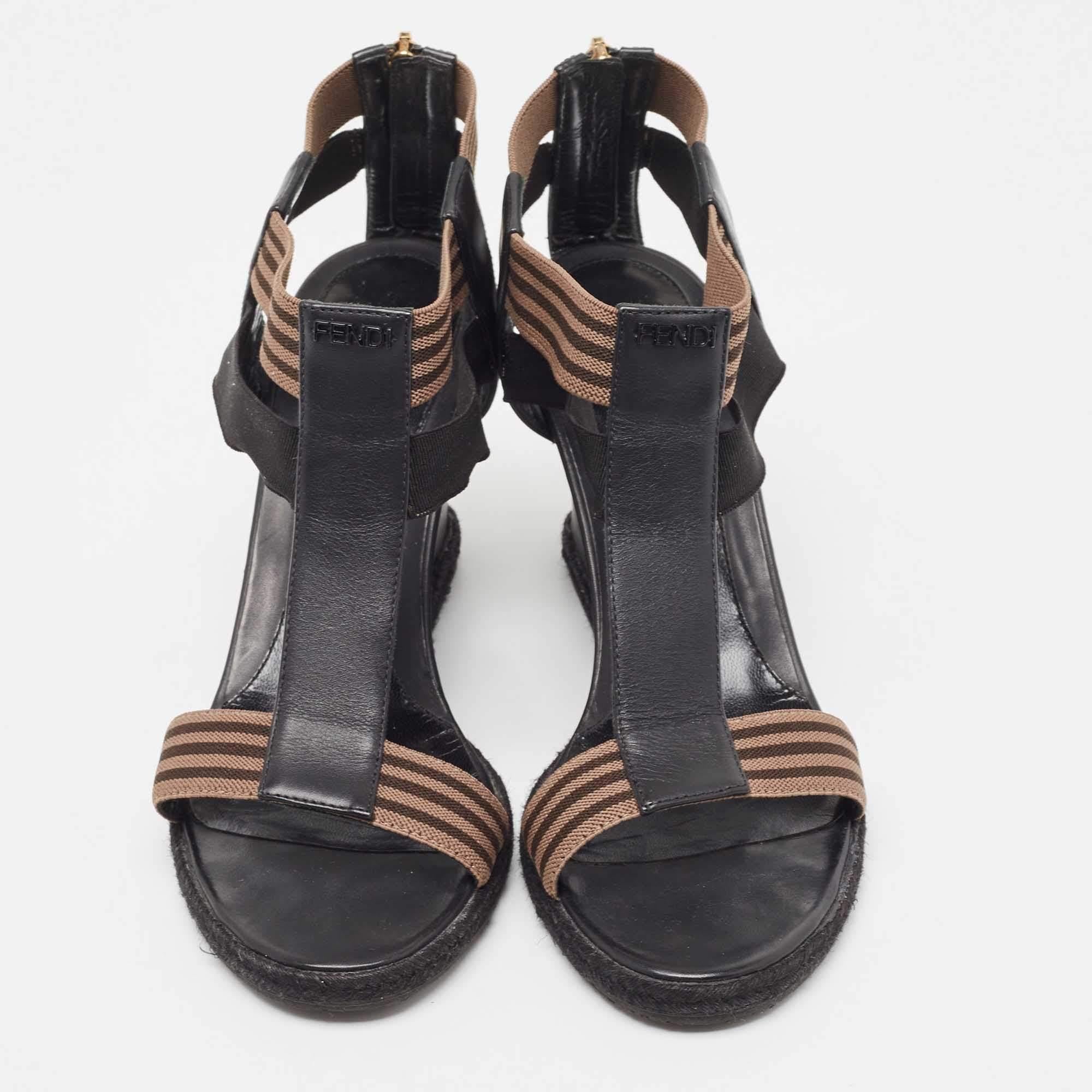 Women's Fendi Black/Brown Leather and Elastic Fabric T-Strap Espadrille Wedge Sandals Si