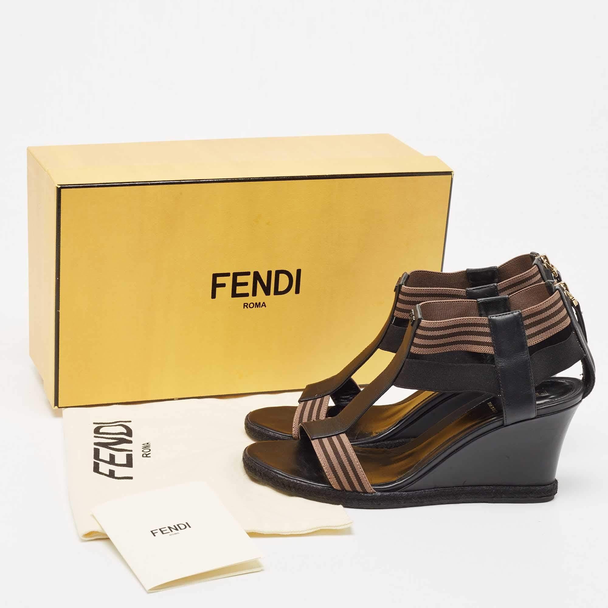 Fendi Black/Brown Leather and Elastic Fabric T-Strap Espadrille Wedge Sandals Si 5