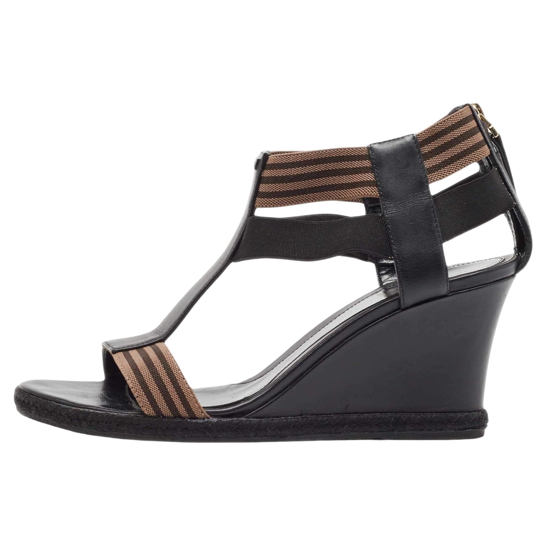 Fendi Black/Brown Leather and Elastic Fabric T-Strap Espadrille Wedge Sandals Si