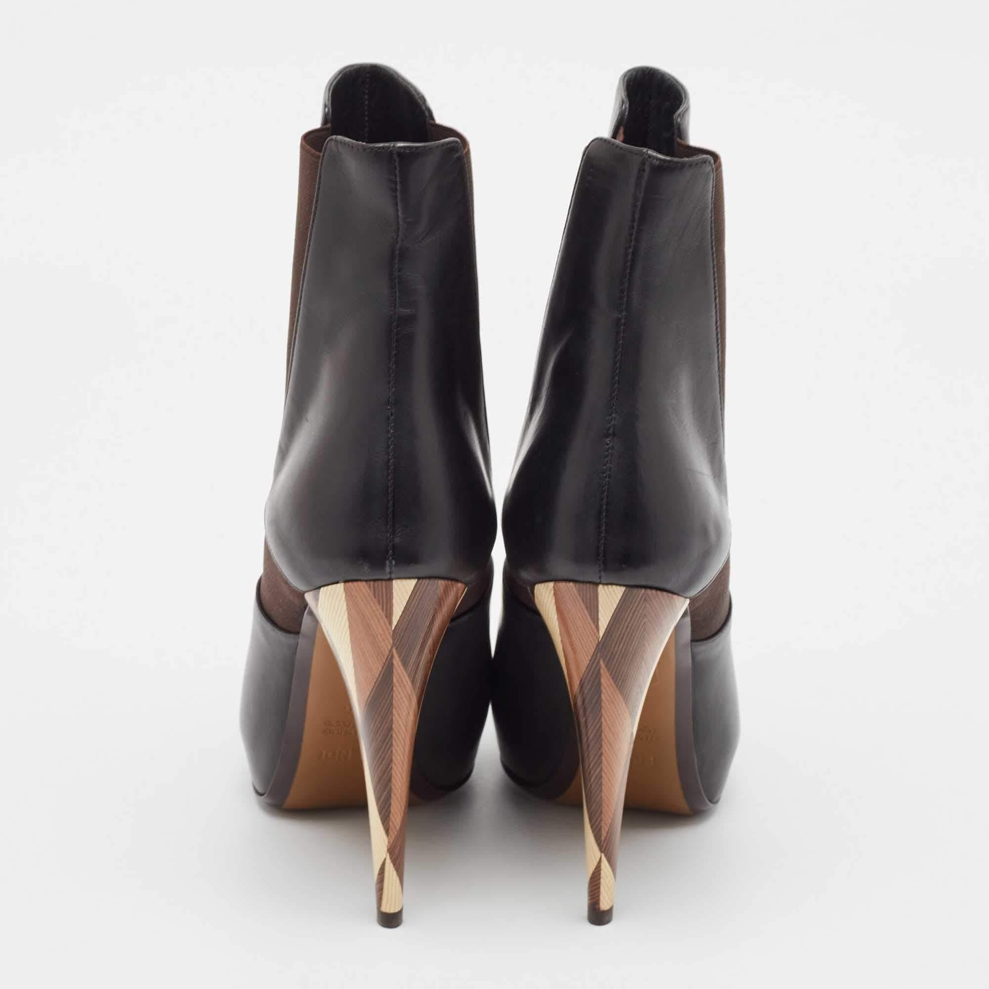  Fendi - Bottines à plateforme en cuir et tissu stretch noir et brun - Taille 40 Pour femmes 