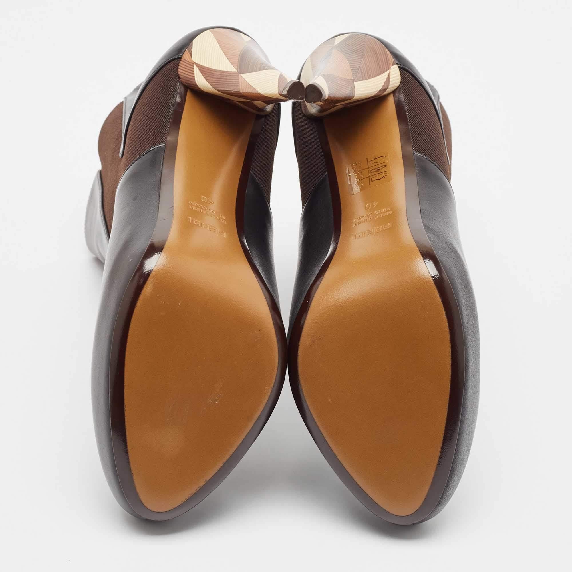 Fendi - Bottines à plateforme en cuir et tissu stretch noir et brun - Taille 40 1