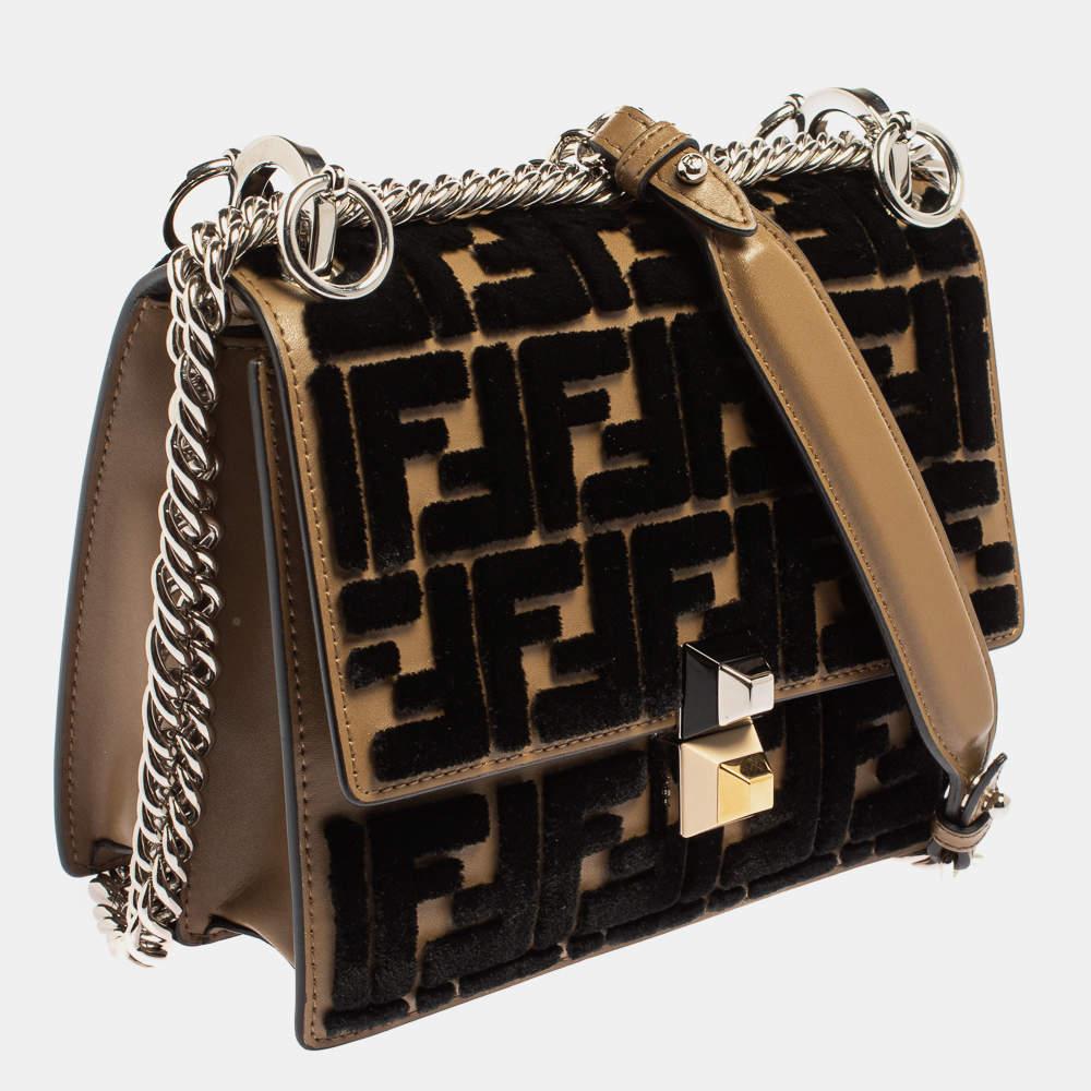 Fendi Black/Brown Leather and Velvet Small Kan I Chain Shoulder Bag For Sale 6