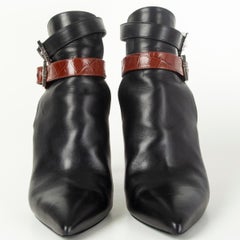 FENDI black brown leather EMBOSSED DOUBLE STRAP Pointed Toe Ankle Boots Shoes 38
