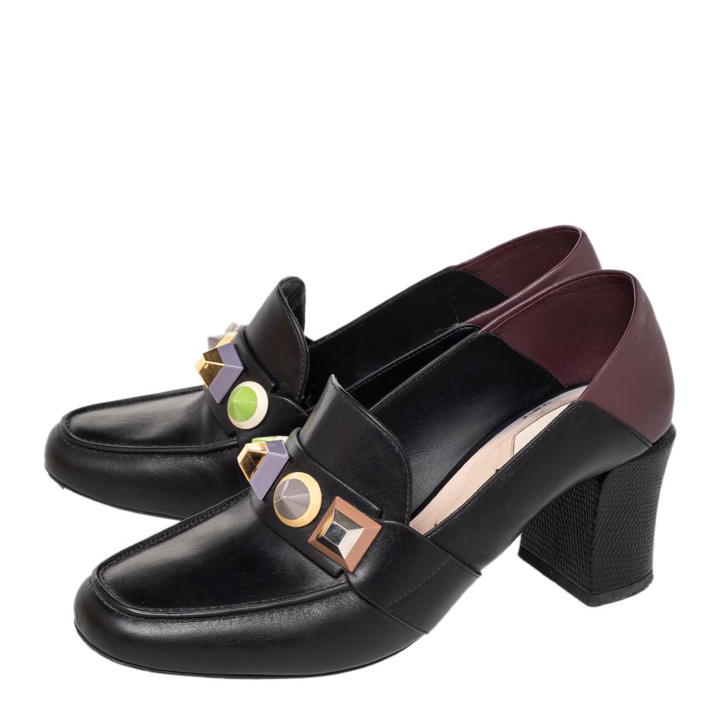 Fendi Black/Brown Leather Rainbow Studded Loafer Pumps Size 39 3