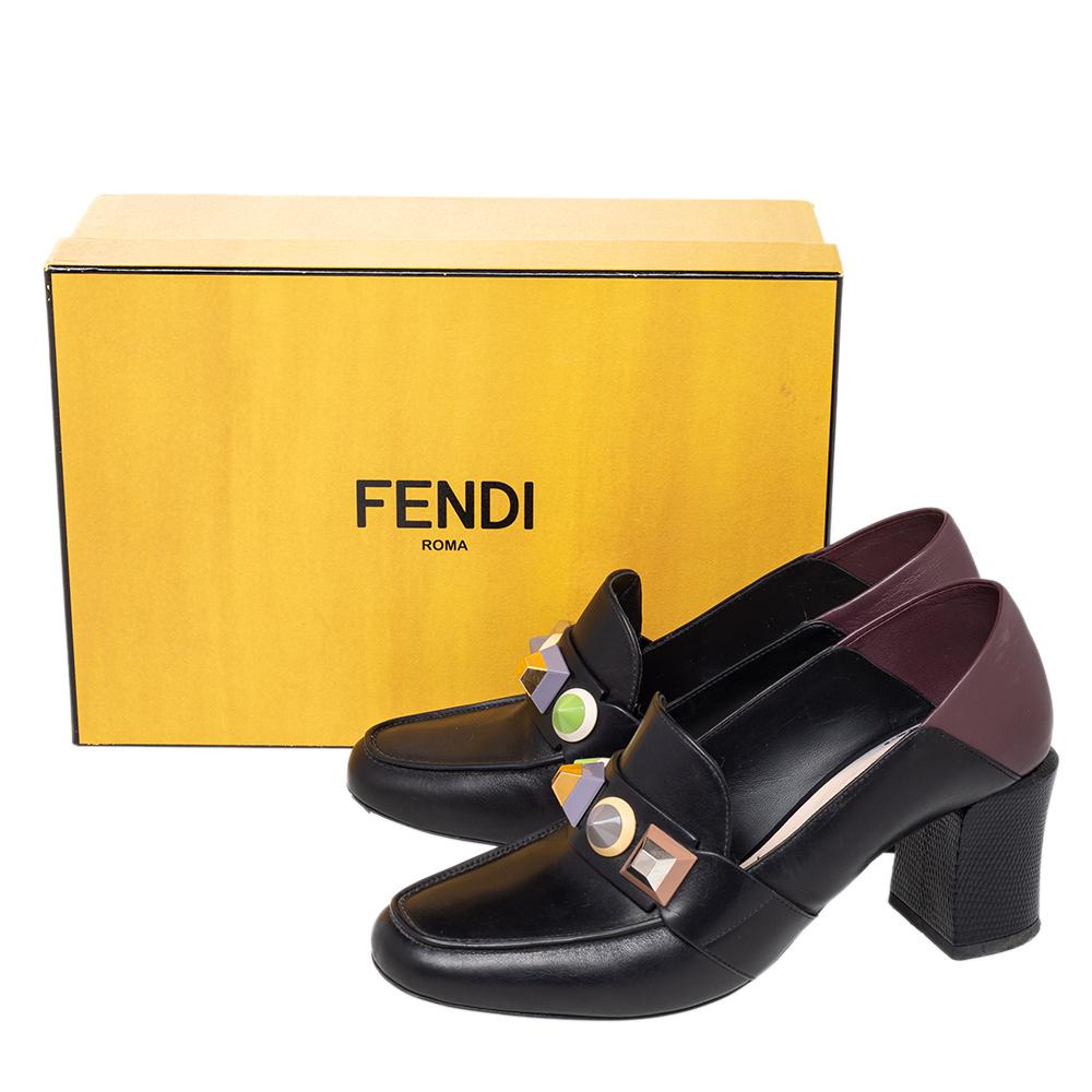 Fendi Black/Brown Leather Rainbow Studded Loafer Pumps Size 39 4