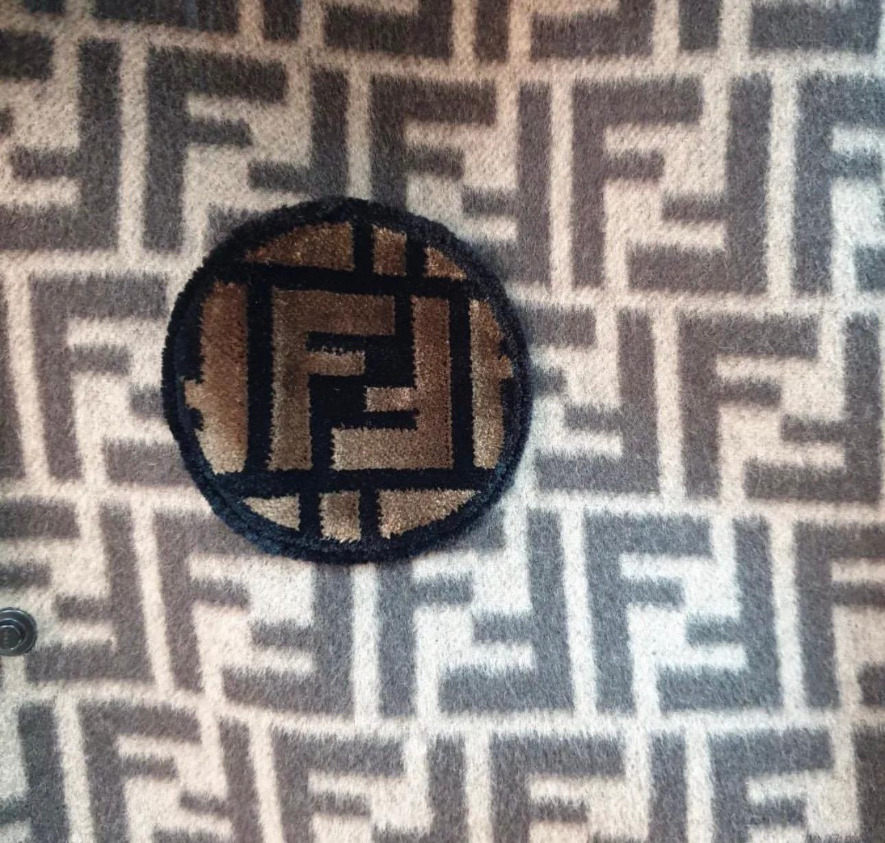 Fendi Black Brown Logo Print Wool Fur Trim Coat For Sale 1