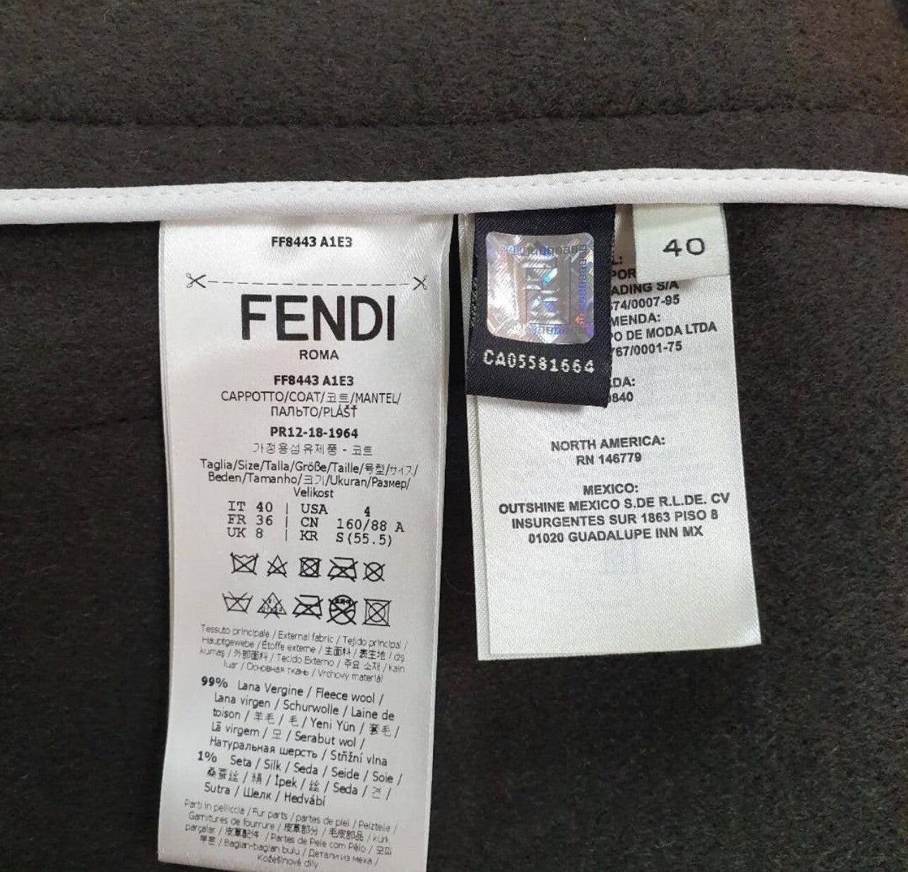 Noir Fendi Black Brown Logo Print Wool Fur Trim Coat Sz.40 en vente