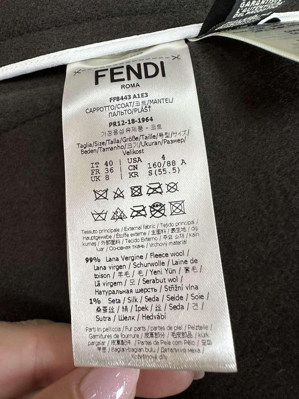 Fendi Black Brown Logo Print Wool Fur Trim Coat Sz.40 Bon état - En vente à Krakow, PL