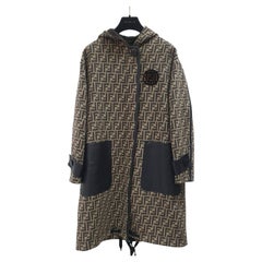 Fendi Black Brown Logo Print Wool Fur Trim Coat Sz.40