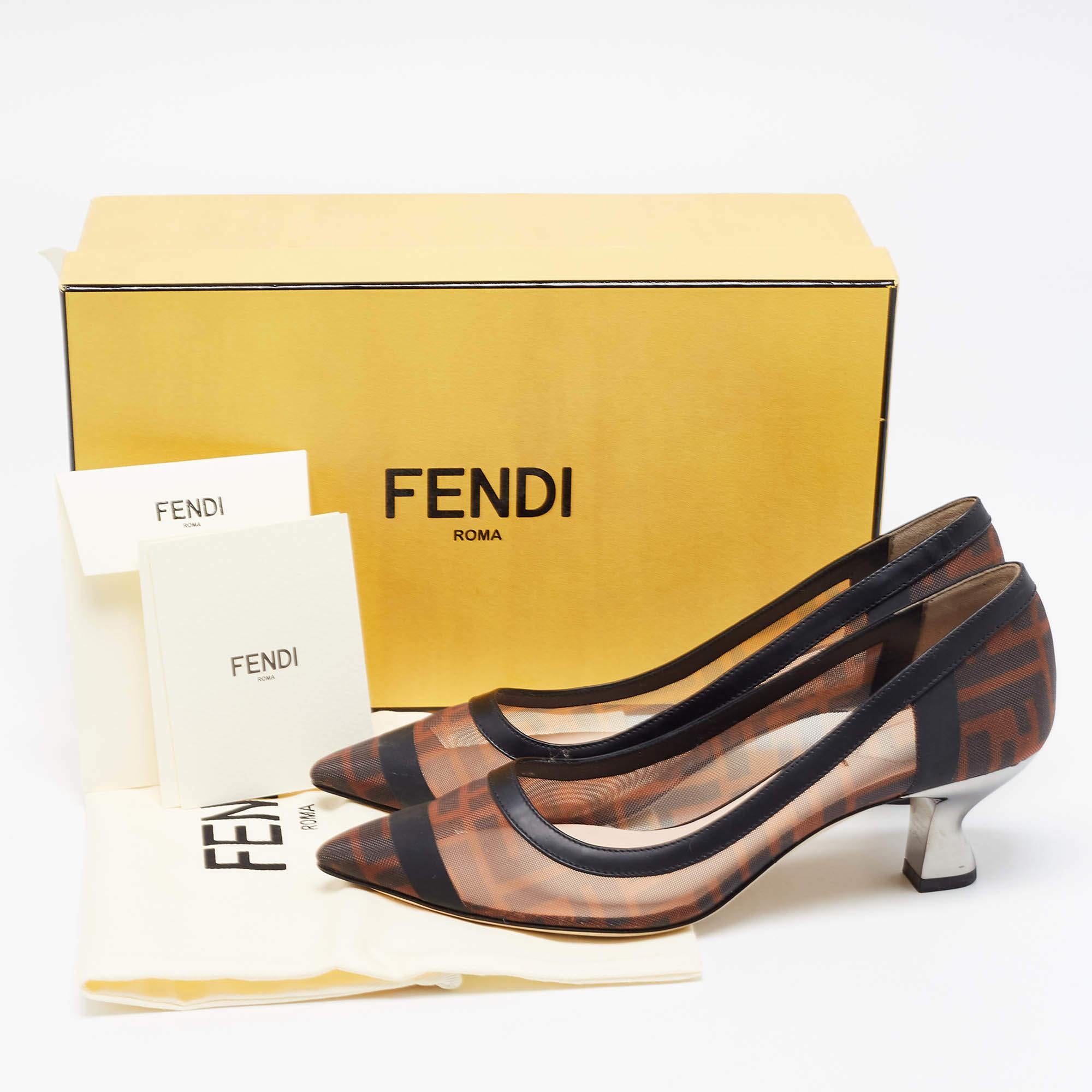 Fendi Black/Brown Mesh And Leather Trim Colibri Pointed Toe Pumps Size 37 4