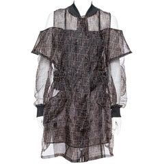 Fendi Schwarz & Braun Organza Zucca Monogramm Schiere Kalte Schulter Jacke M