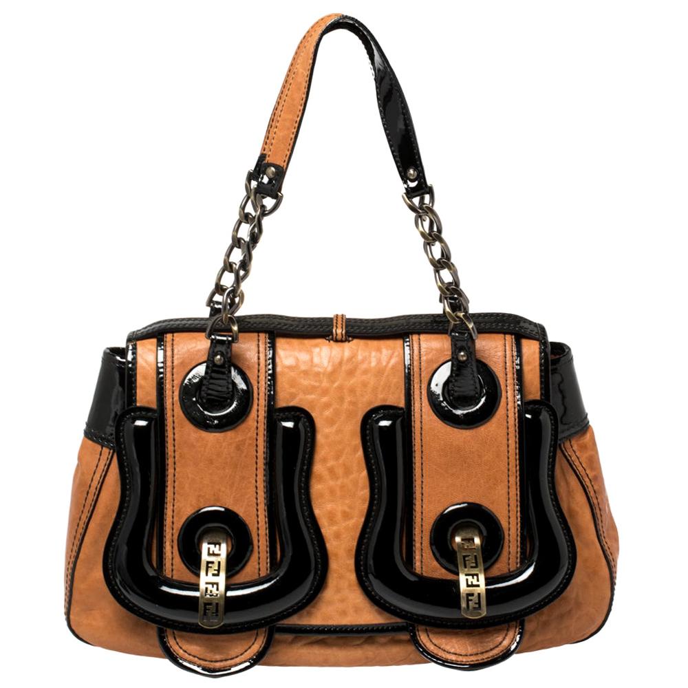 Fendi Black/Brown Patent and Leather B Shoulder Bag
